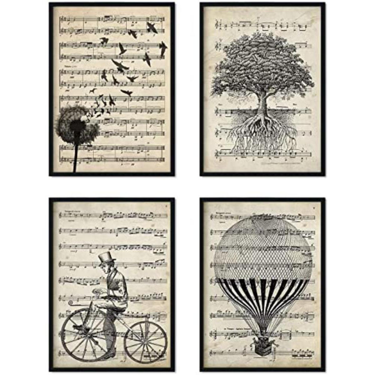 POSTER Set mit 4 Notenblatt A4 Schwarzer Rahmen - Schwarz, Papier (29.7/3cm) - Nacnic