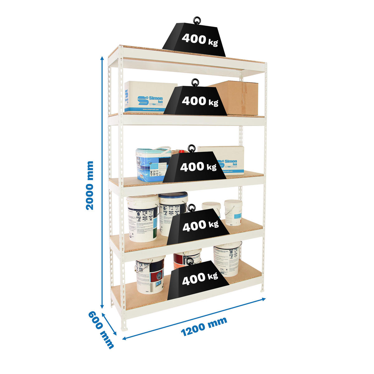 SCHWERLASTREGAL Big Wood Yeti Five HxBxT 200 x 120 x 60 cm Fachlast 400 kg Weiß - Weiß, Metall (120/200/60cm) - PROREGAL