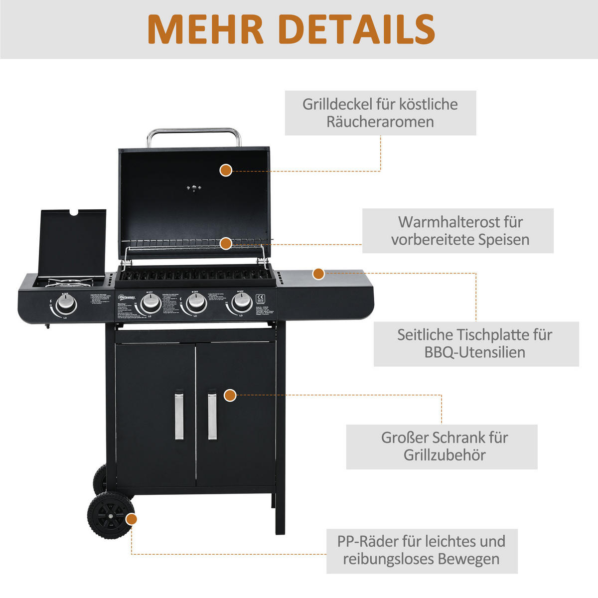 GASGRILL mit 3 Brennern 1 Seitenbrenner Stahl Schwarz 110 x 50 x 100 cm - Schwarz, Metall (50/100/110cm) - Outsunny