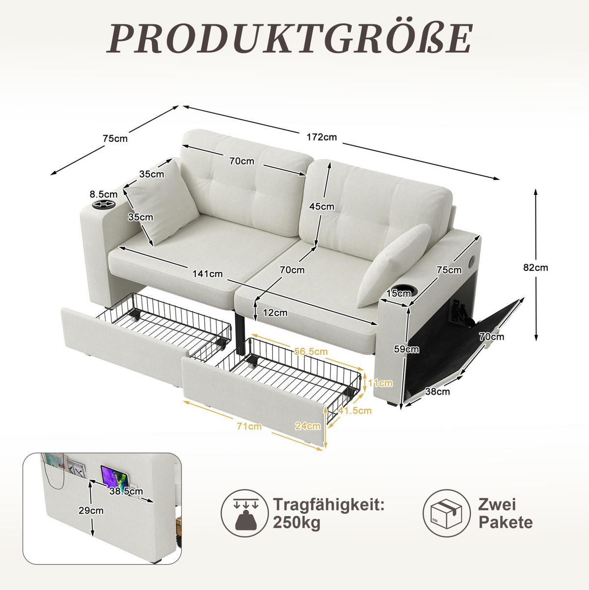SOFA 2-Sitzer mit Stauraumschubladen USB Chenille Beige - Beige, Holzwerkstoff (172/82/75cm) - Meubliv