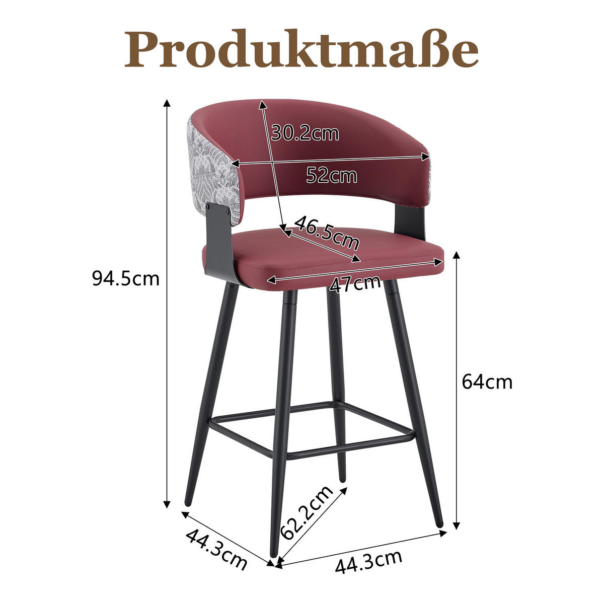 BARHOCKER DE-36674 2er Set mit PU-Bezug und Metallgestell Rot - Rot, Metall (47/94.5/46cm) - ComfortXL