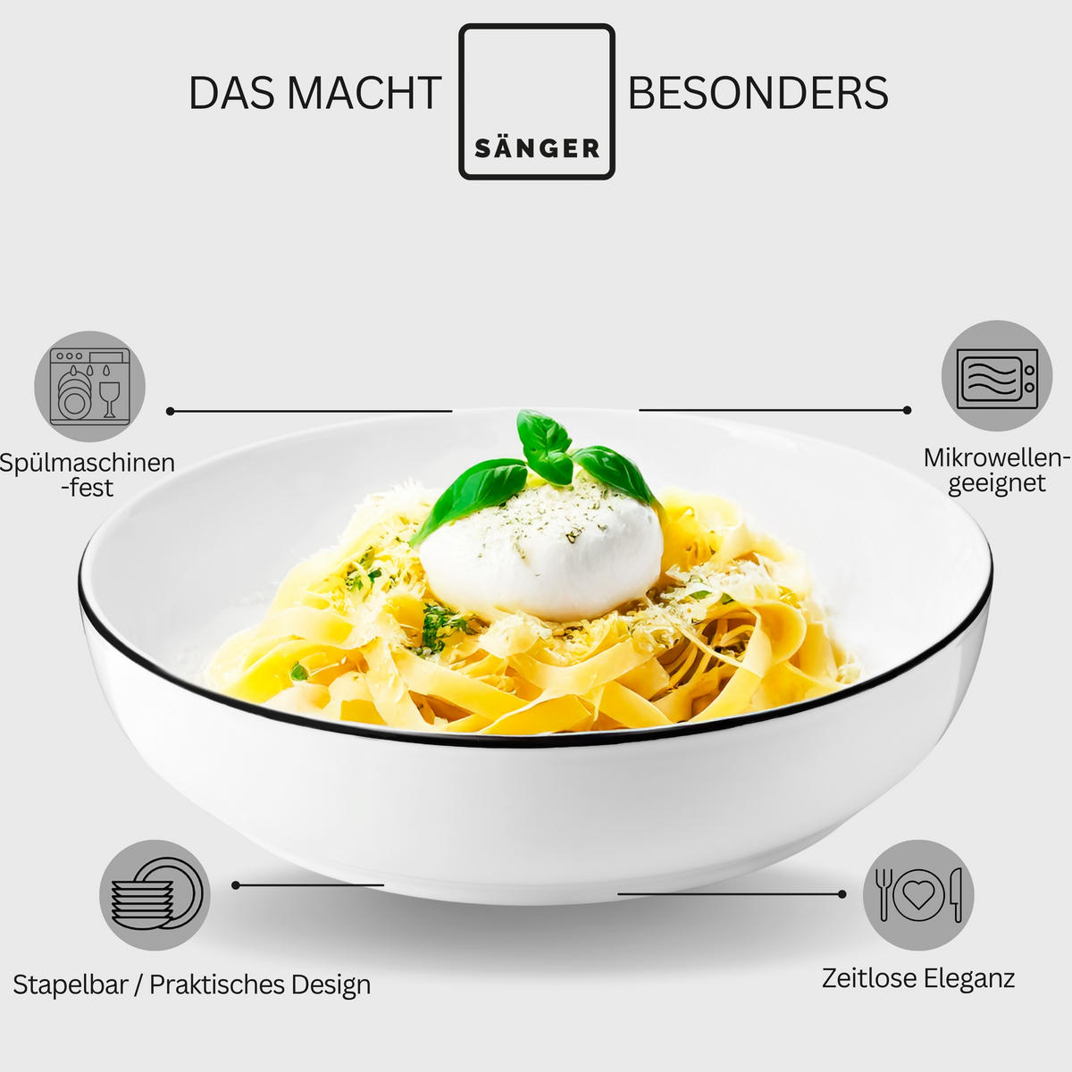 PASTASCHALEN SET MARLO BLACK RIM - 6 teilig aus Porzellan - Weiß, Keramik (22cm) - Sänger