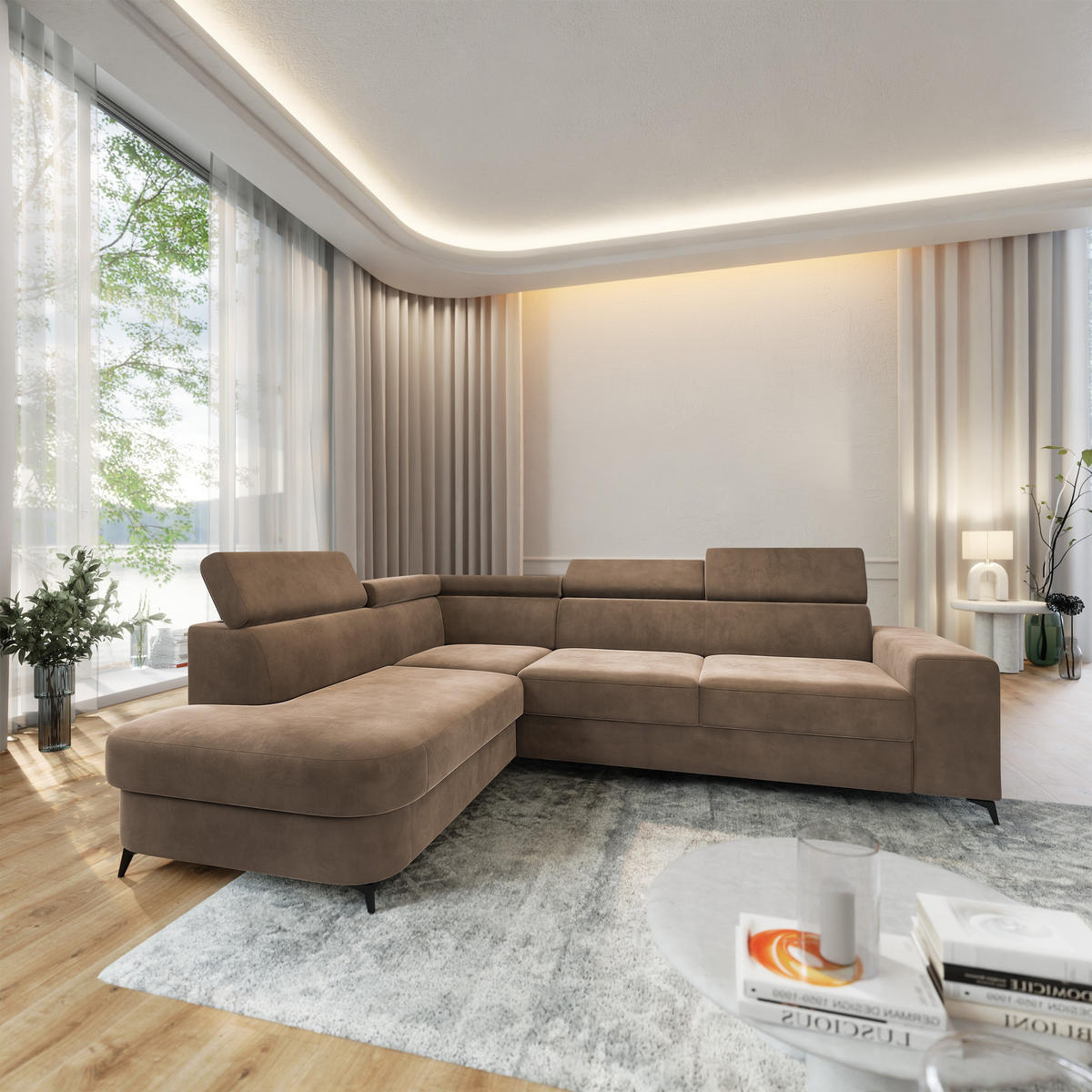 ECKSOFA ALVORO L-S Beige Velours-Stoff mit Schlaffunktion - Beige, Holz (253/190cm) - MASSENO