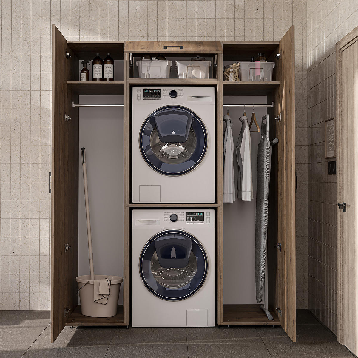WASCHMASCHINENSCHRANK DUO-II 157cm Breit, 205cm Hoch - Eichefarben, Holzwerkstoff (157/205/67cm)