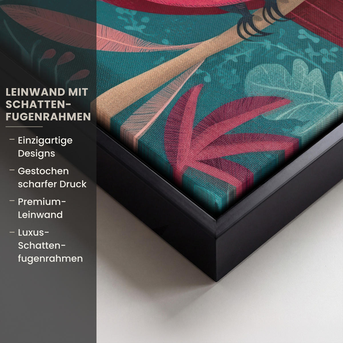 LEINWAND Bilder mit Rahmen - Kakadu - Tropische Blätter - Zweig - 20x30 - Petrol, Textil (20/30cm) - MuchoWow