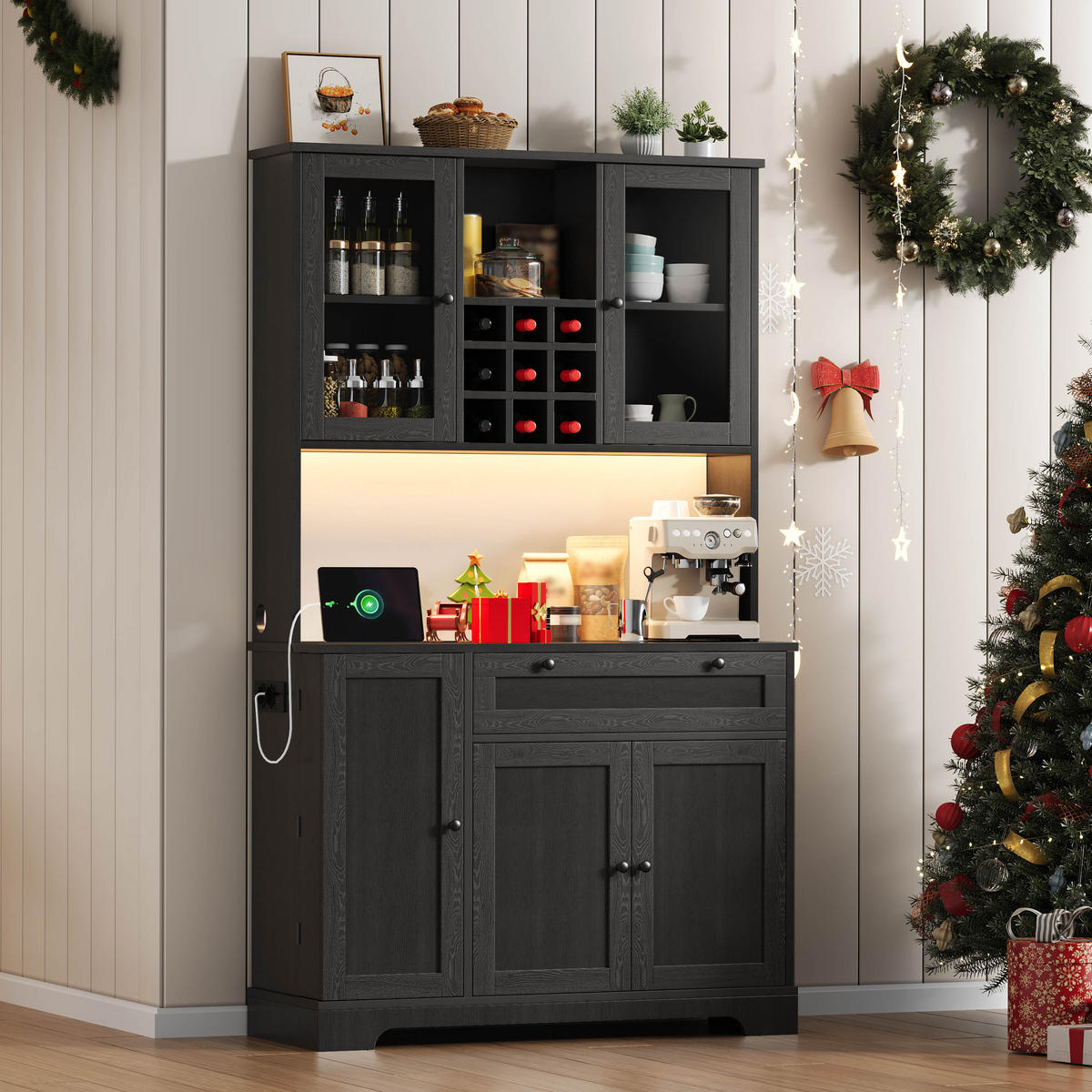 BUFFET 105/40/180 cm Schwarz mit farbwechselnder LED-Beleuchtung und 1 Schublade - Schwarz, Holz (105/180/40cm) - Oxeza