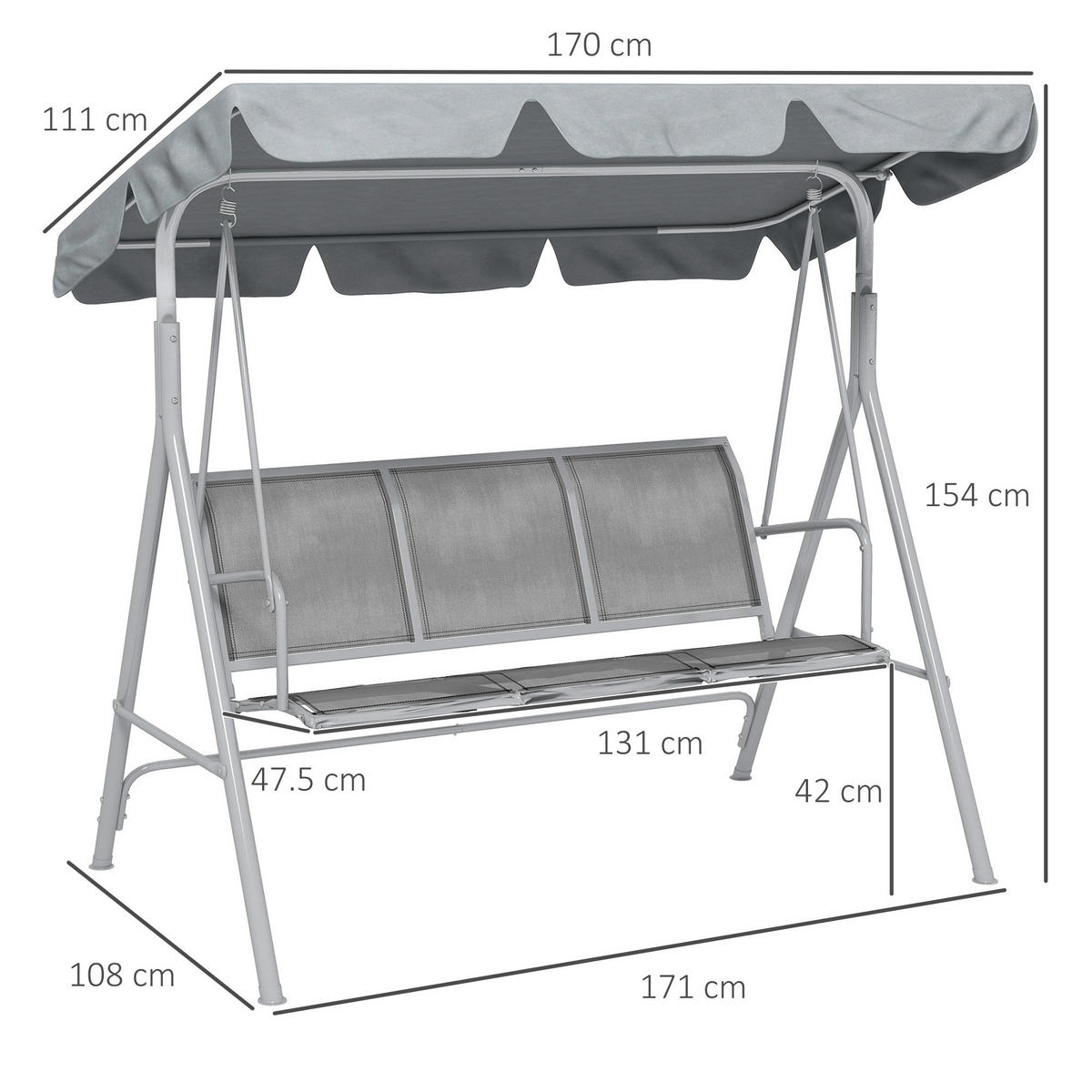 HOLLYWOODSCHAUKEL 3 Sitzer 170x110x153 cm - Grau, Metall (170/153/110cm) - LEBENLANG
