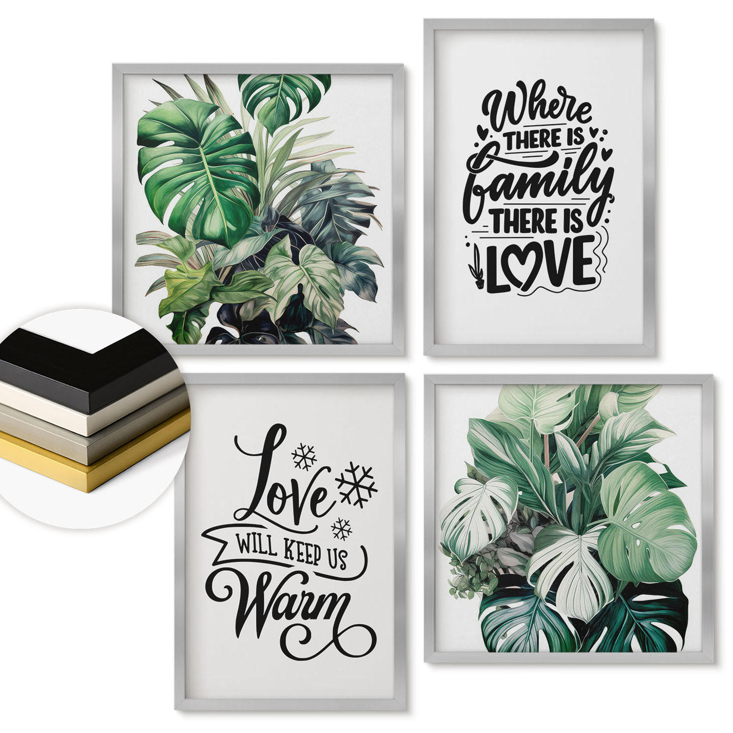 WANDBILDER 4er Set - 50x50 cm & 40x60 cm Silberner Rahmen - Familie liebt Zuhause Aquarell - Silberfarben, Kunststoff (50/50cm) - ArtPrintCave