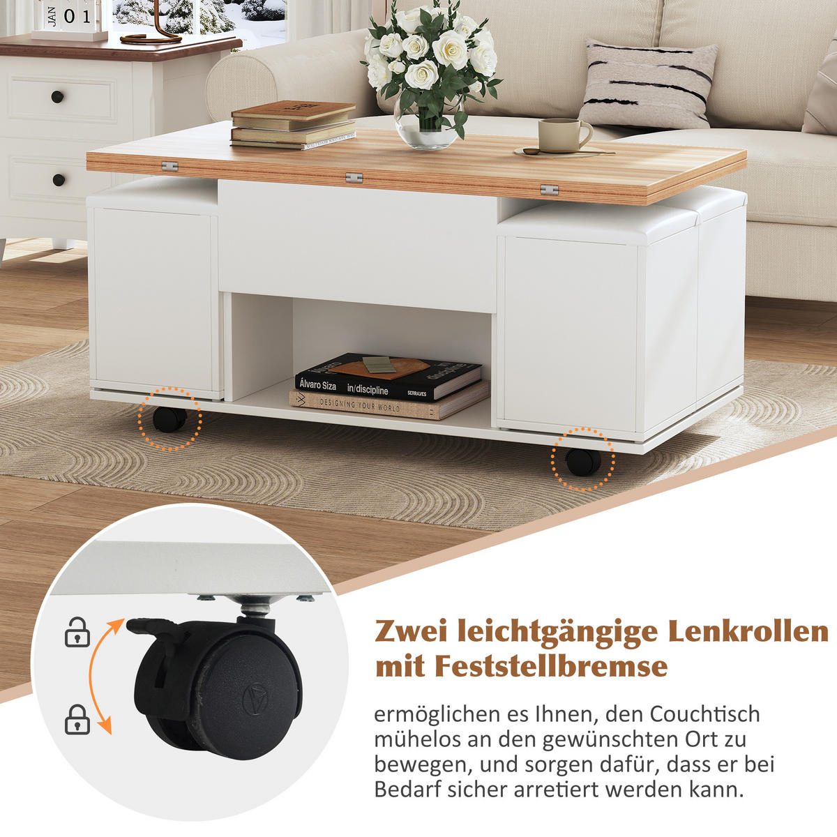 COUCHTISCH DE-37089 mit Lift-Top und 4 Hockern Weiß/Natur - Weiß, Holzwerkstoff (100/100/63.5cm) - ComfortXL