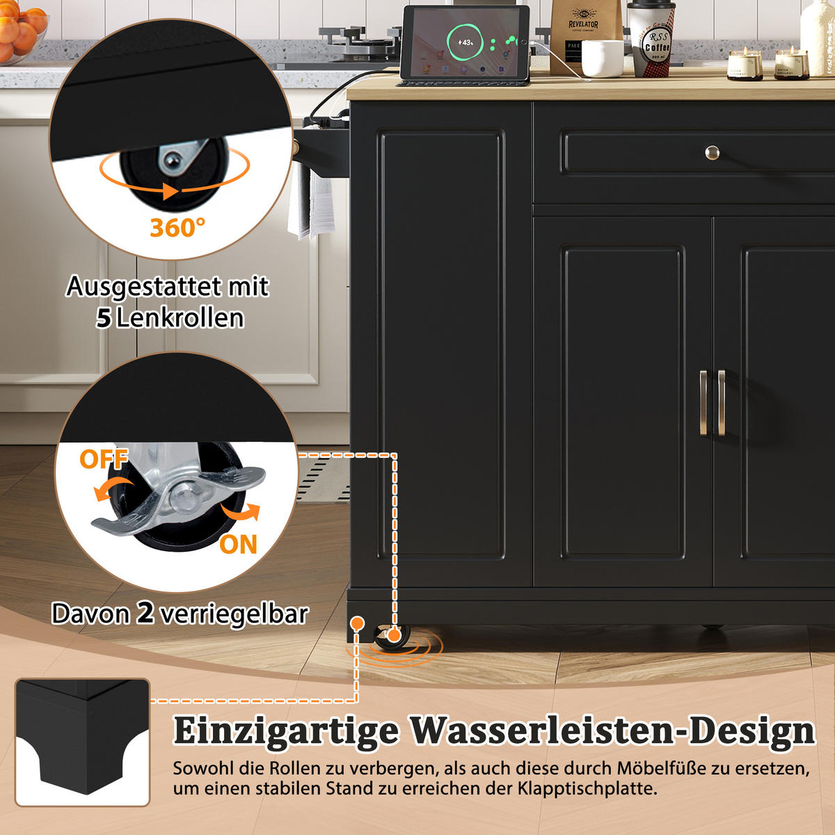 KÜCHENINSEL 131,8/40-70/93,3 cm Schwarz mit ausziehbarer Arbeitsplatte, Steckdose und Mülleimerfach - Schwarz, Holz/Holzwerkstoff (131.8/93.3/40cm) - Oxeza