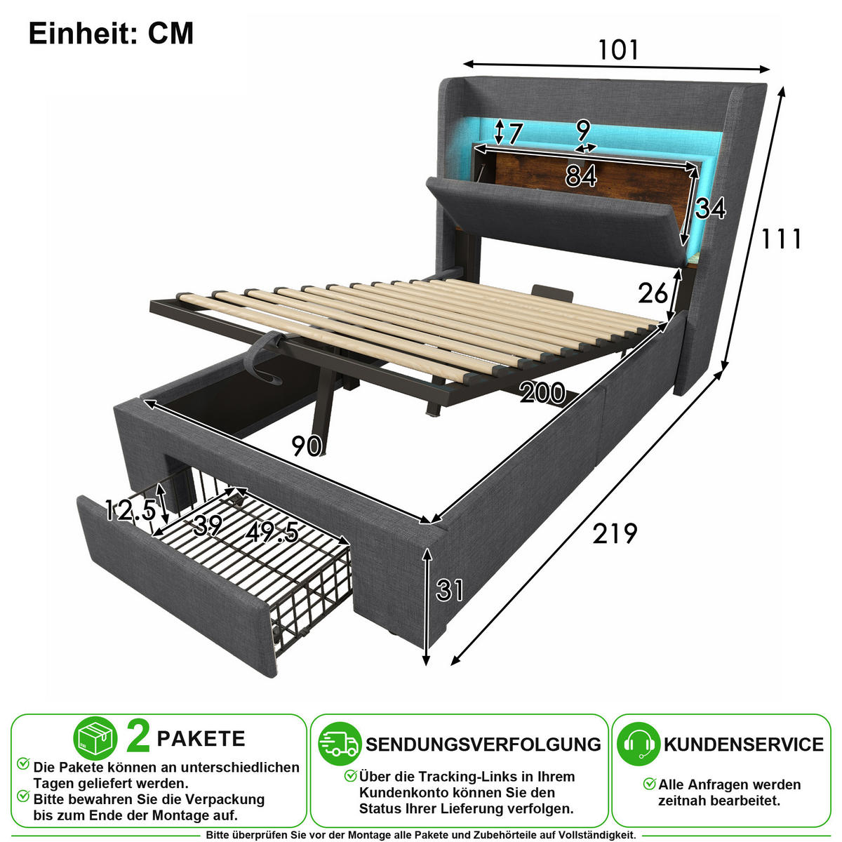 ČALÚNENÁ POSTEĽ 90 × 200 cm v sivej farbe s úložným priestorom, zásuvkou, LED osvetlením a USB - sivá, kov/kompozitné drevo (90/200cm) - CHICFURN