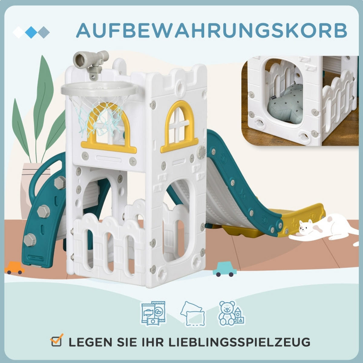 KINDERRUTSCHE 4-in-1 mit Klettergerüst und Basketballkorb Gelb 70 x 177 x 92 cm - Gelb, Kunststoff (177/92/70cm) - Korfee