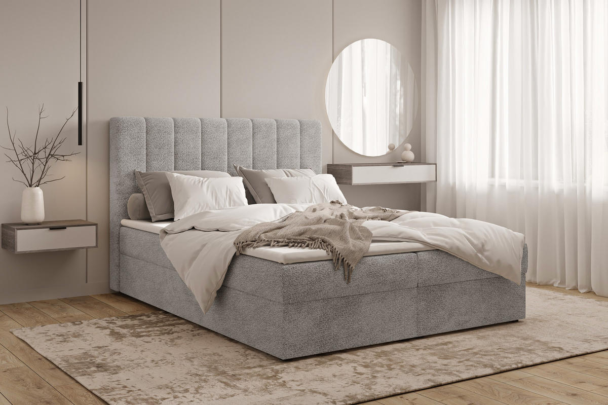 BOXBETT 01 140 x 200 cm - Arena – Stilvoll und bequem Mit Bettkasten, PU-Topper, Federmechanismus, waschbarer Bezug - Grau, Holz (140/200cm) - ROYAL24_MARKT