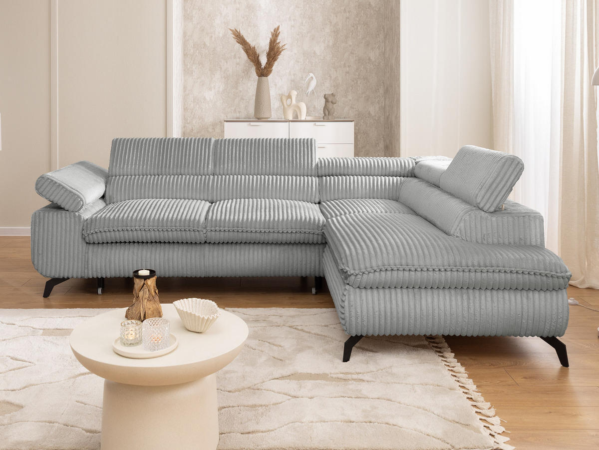 ECKSOFA mit Schlaffunktion und Bettkasten Bonnie aus Hellgrau Cord-Stoff mit verstellbaren Kopfstützen und Armlehne - Ottomane rechts - Hellgrau/Schwarz, Holz/Textil (275/210cm) - S-Style Möbel
