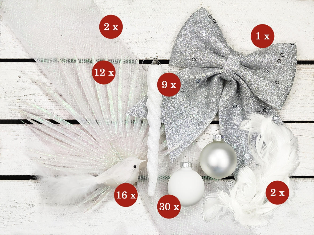 LAALU CHRISTBAUMKUGEL-SET 70 Stück in Luxusbox WINTER JOY für Weihnachtsbäume 120-210 cm - Silberfarben/Weiß, Kunststoff/Textil (55/50/75cm) - LAALU