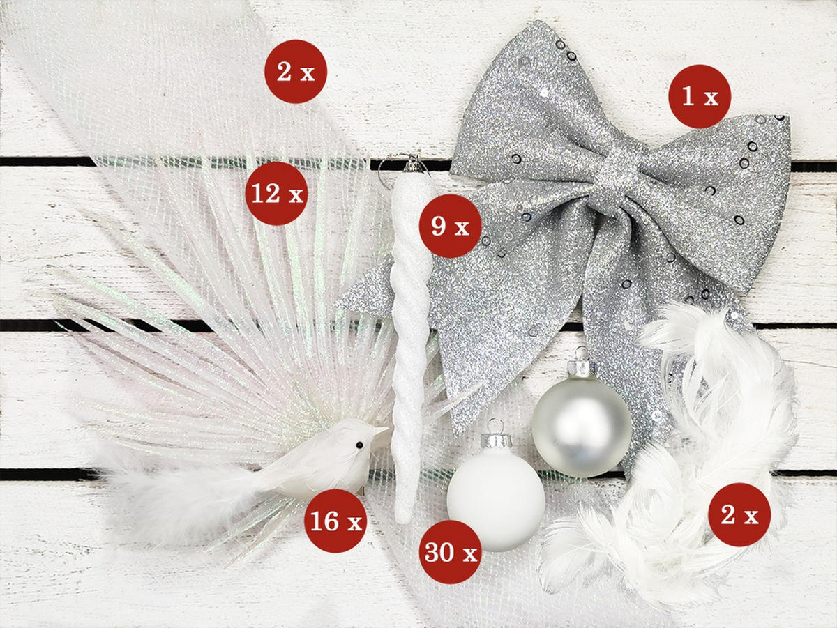 LAALU CHRISTBAUMKUGEL-SET 70 Stück in Luxusbox WINTER JOY für Weihnachtsbäume 120-210 cm - Silberfarben/Weiß, Kunststoff/Textil (55/50/75cm) - LAALU