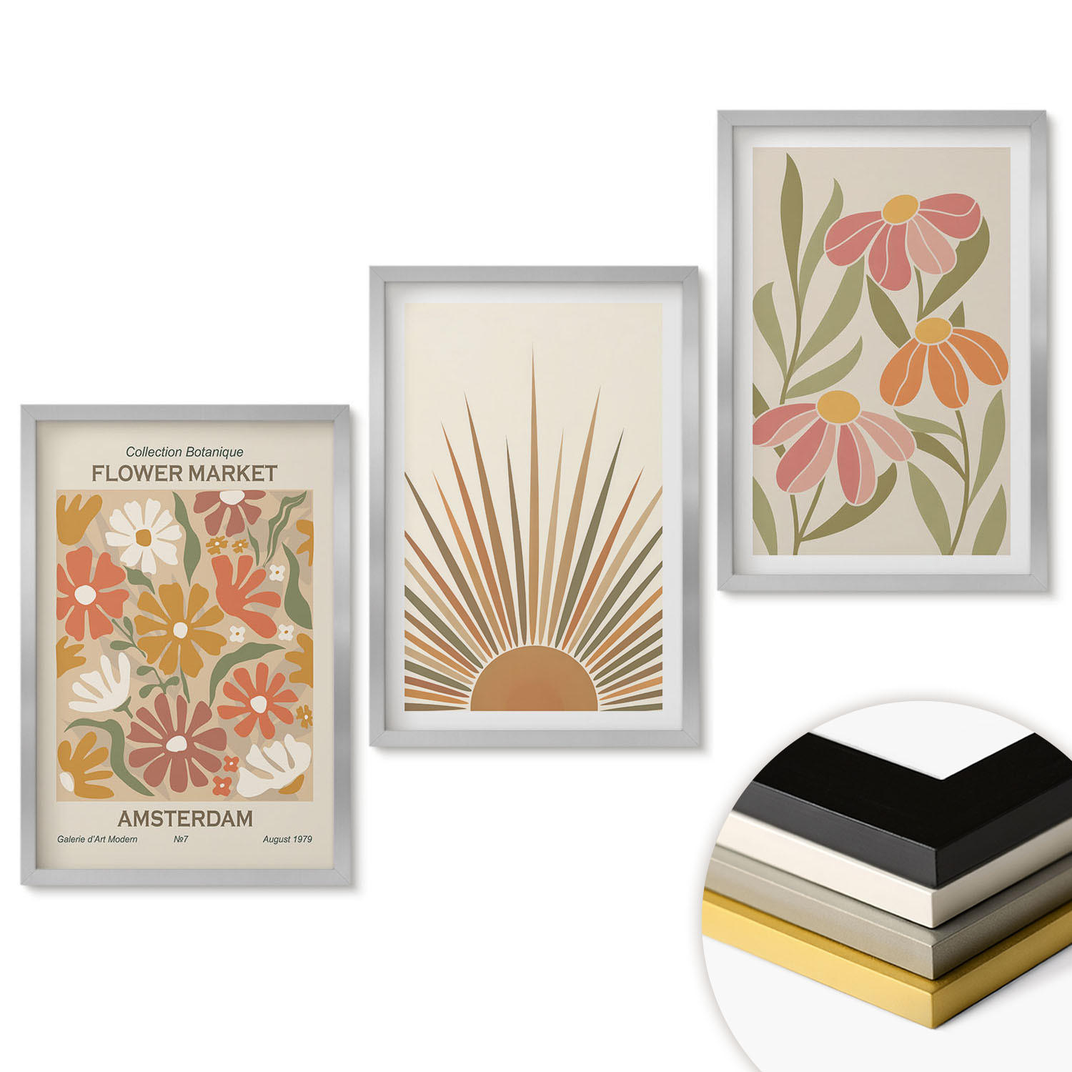 WANDBILDER 3er Set - 40x60 cm Silberner Rahmen - Pastellfarbene Sonnenblumen - Silberfarben, Kunststoff (40/60cm) - ArtPrintCave