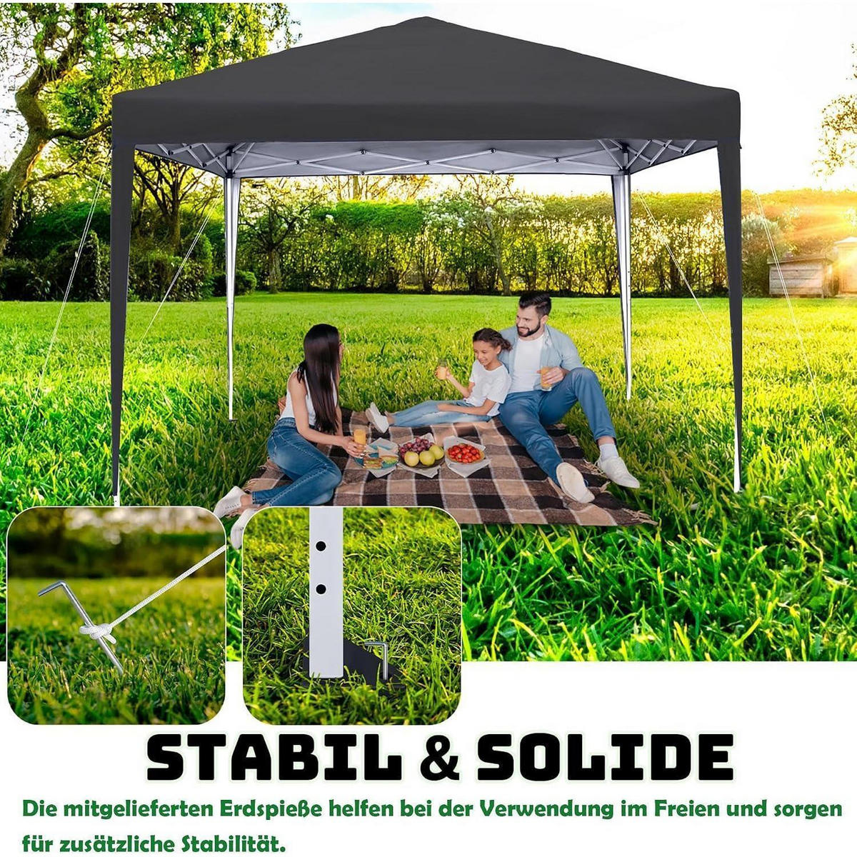 FALTPAVILLON 3 x 3 m Anthrazit mit 4 Seitenteilen und Fenstern - Schwarz, Textil (300/260/300cm)