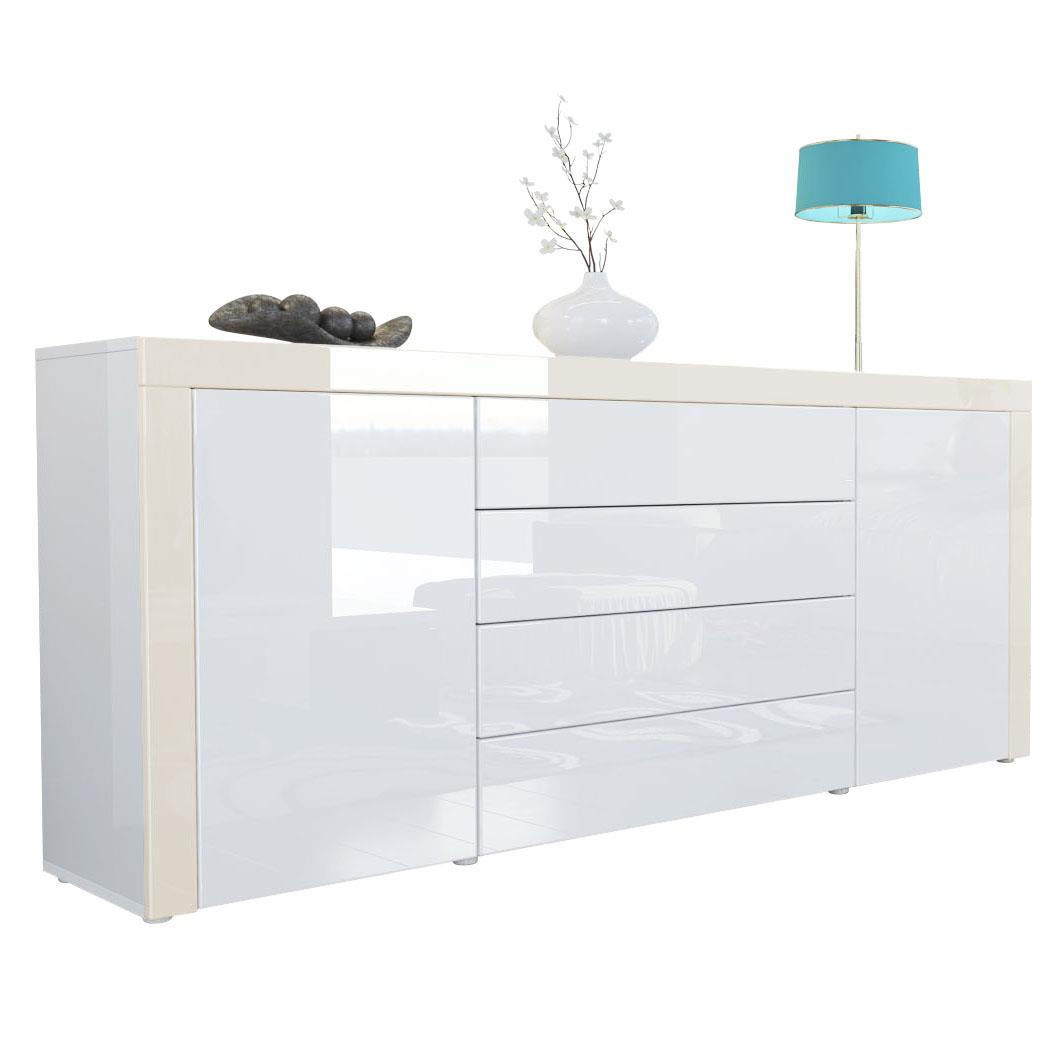 Vladon Sideboard Weiß Hochglanz, Creme 167x72x35 cm