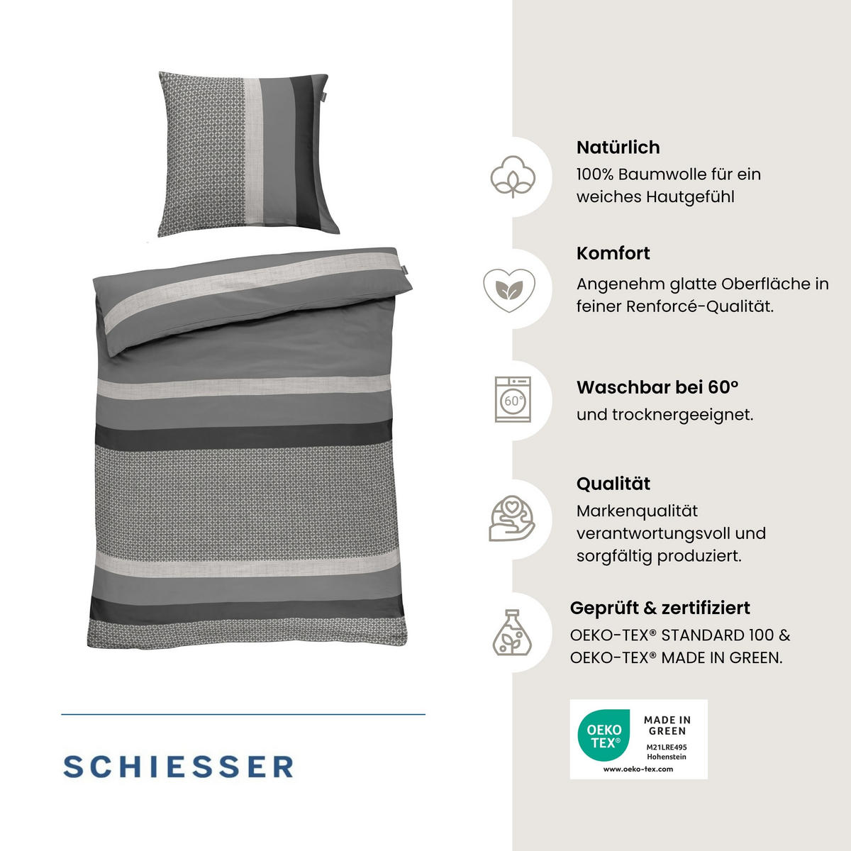 BETTWÄSCHESET Dion - Renforcé - 2-teilig - 155x220 cm - Grau - Grau, Textil (155/220cm) - SCHIESSER