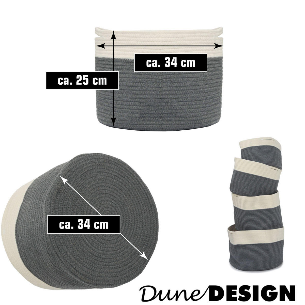 BAUMWOLL-WÄSCHEKORB 20 Liter Ø34x25 cm Grau - Grau, Textil (34/25/34cm) - Dunedesign