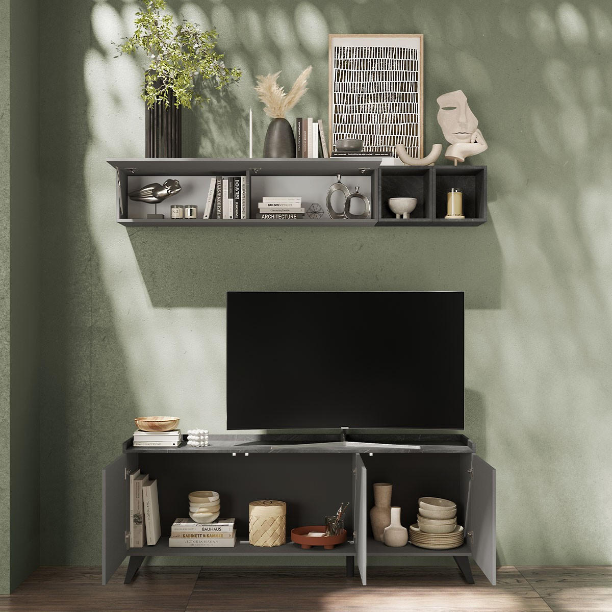 TV-MÖBEL mit 3 Türen - Tray - 181/42/72 cm - Grau, Holzwerkstoff (42/72/181cm) - Calicosy