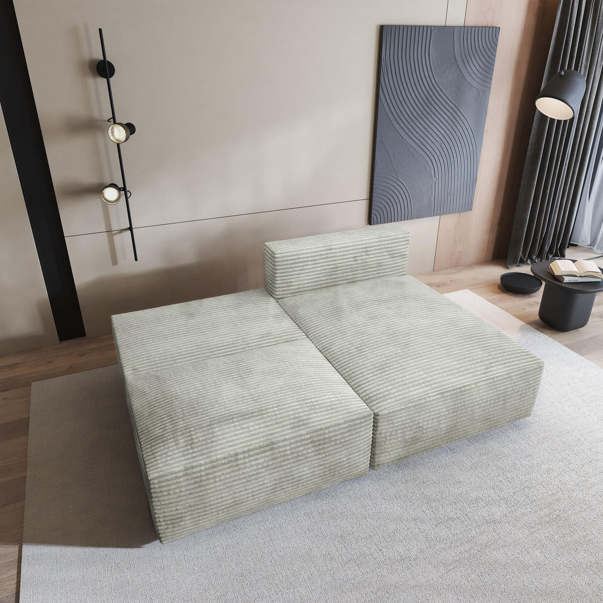 ECKSOFA FIORO Hellgrau Kordstoff mit Schlaffunktion - Hellgrau, Holz (204/148cm) - MASSENO