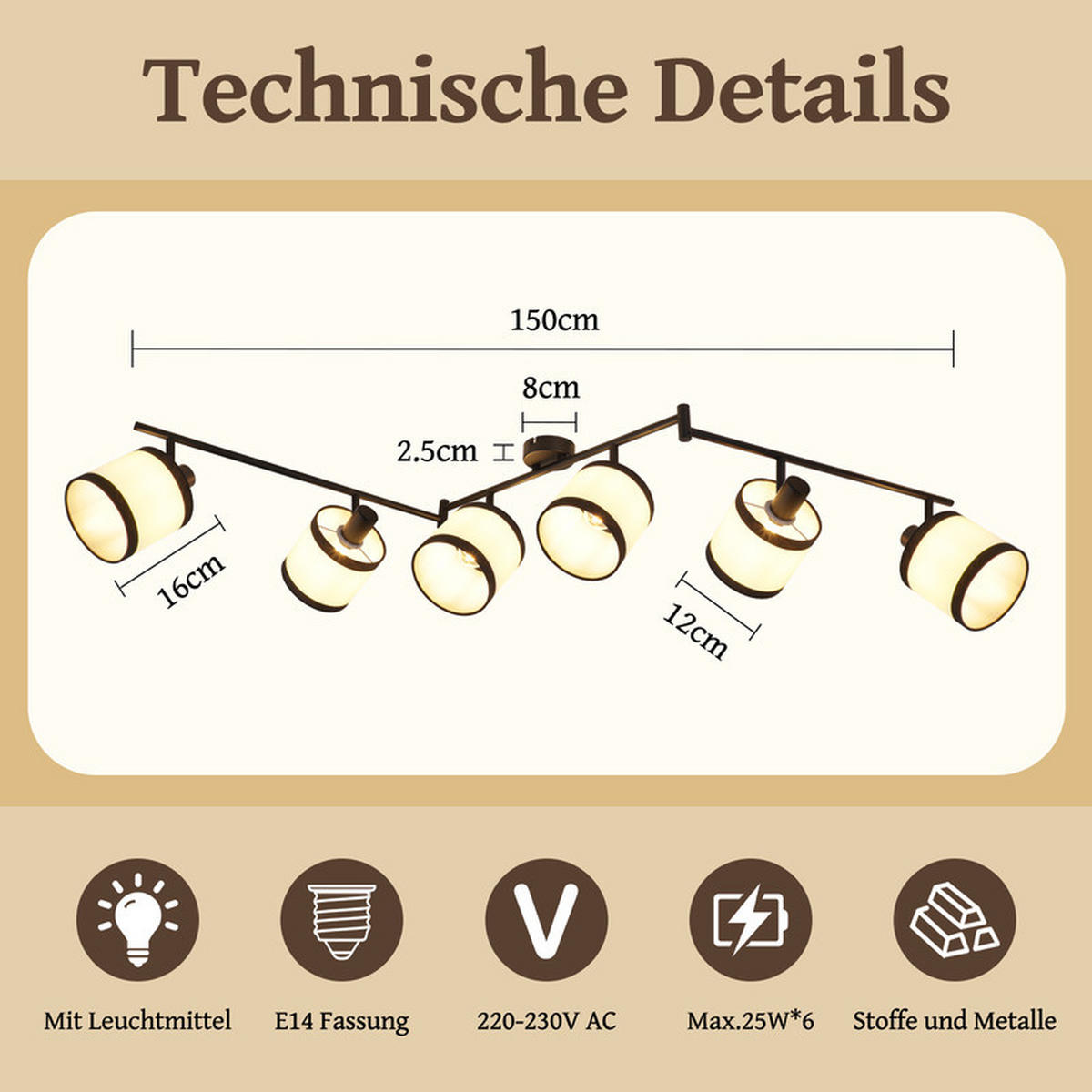 DECKENSTRAHLER Chase Ⅲ 6-flammig 150/12/19 cm - Schwarz, Metall (150/12/19cm) - Nettlife