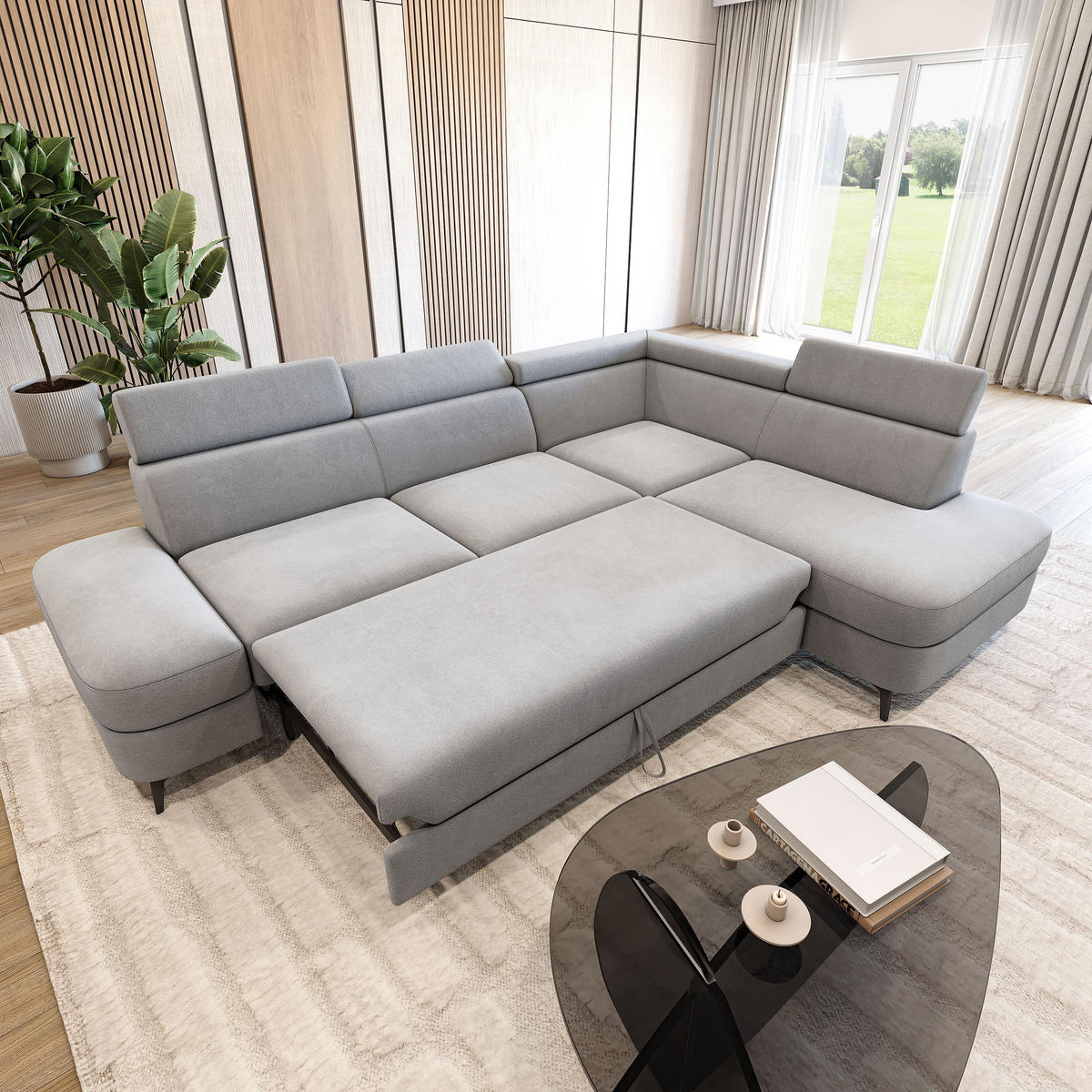 ECKSOFA AVISE MV R-S Hellgrau Velours-Stoff mit Schlaffunktion - Hellgrau, Holzwerkstoff/Textil (268/195cm) - MASSENO