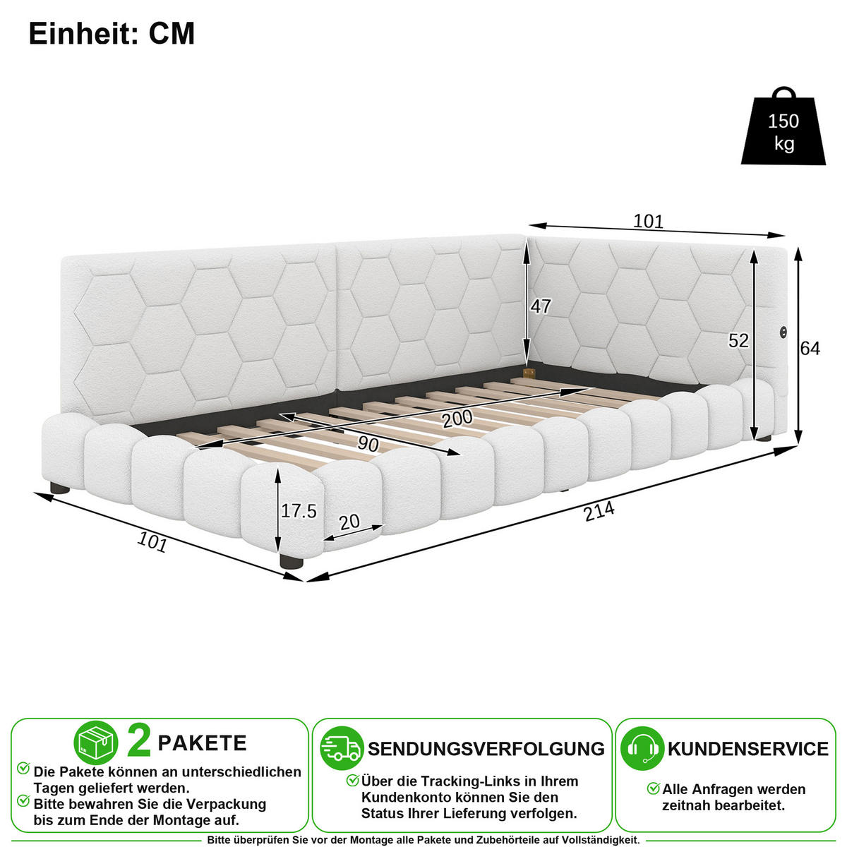 SCHLAFSOFA 90/200 cm in Weiß mit LED, USB und Type-C - Weiß, Holzwerkstoff/Textil (90/200cm) - CHICFURN