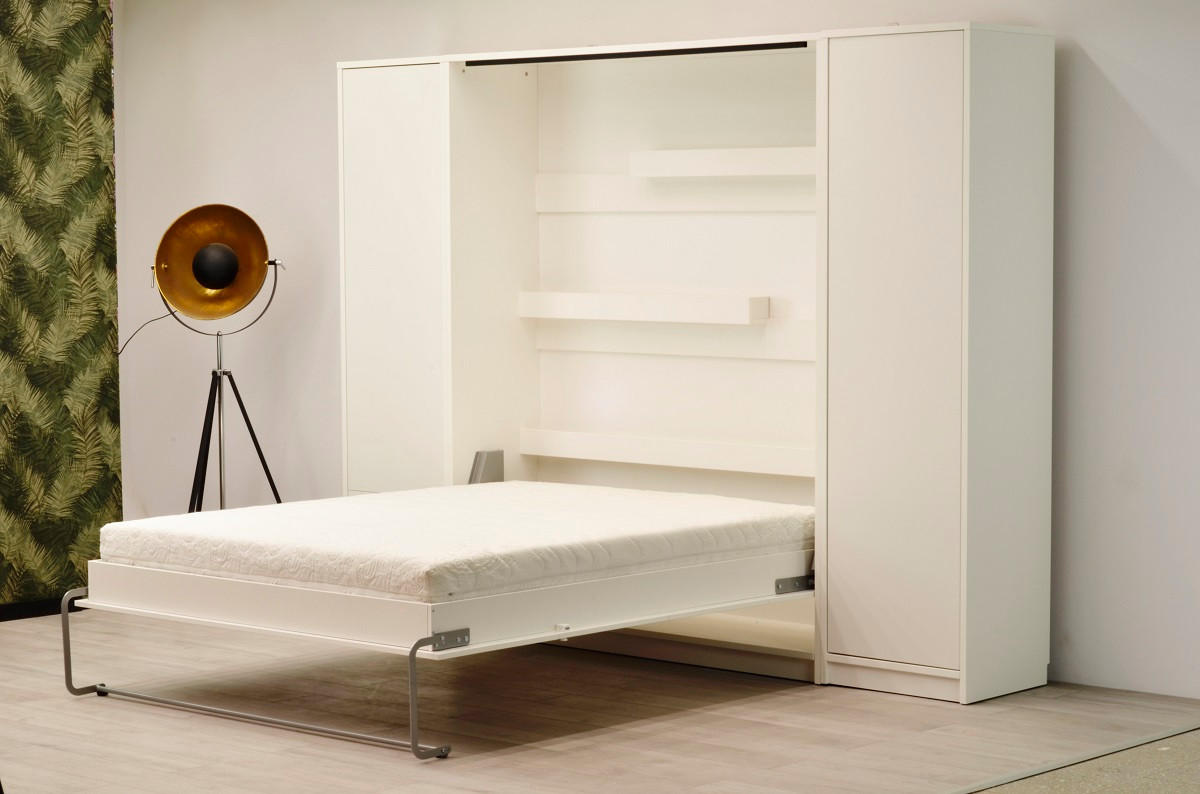 SCHRANKBETT Wandklappbett vertikal GN 160x200 mit 2 Schränken - 3-teilig - Weiß matt - Weiß, Holzwerkstoff (160/200cm) - QMM TraumMöbel