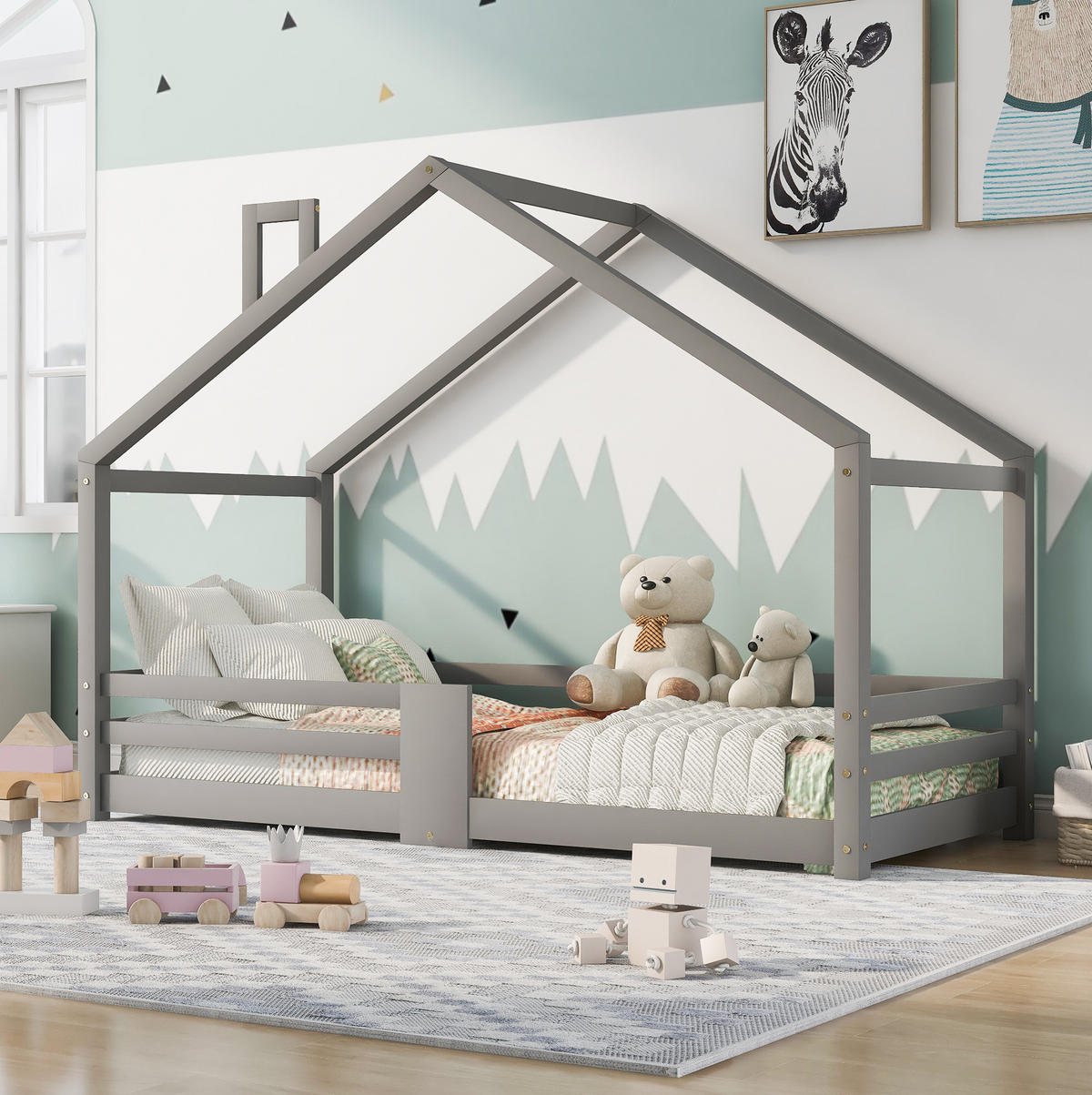HAUSBETT 90/200 cm in Grau – mit Rausfallschutz und Lattenrost - Grau, Holz (90/200cm) - BEAOK
