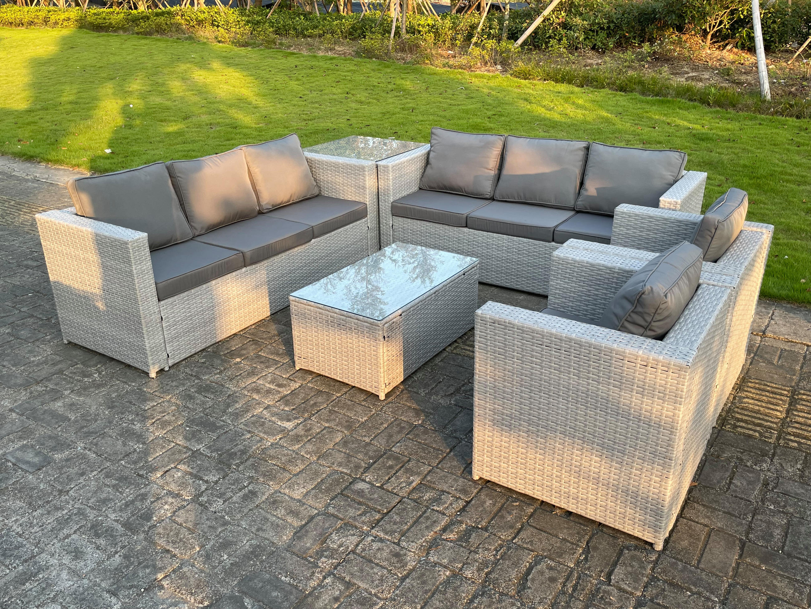 GARTENSOFA SET mit Couchtisch Polyrattan Helles Grau 8-Sitzer - Hellgrau, Metall - Fimous