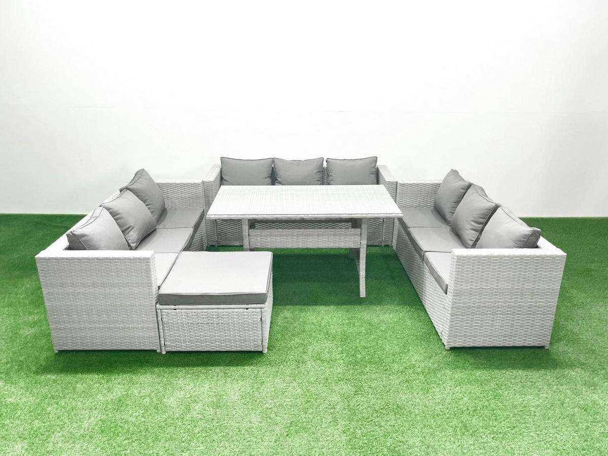 GARTENSET mit Esstisch,Sofa,Großer Fußhocker Polyrattan Hellgrau 10-Sitzer - Hellgrau/Grau, Glas/Kunststoff - Fimous