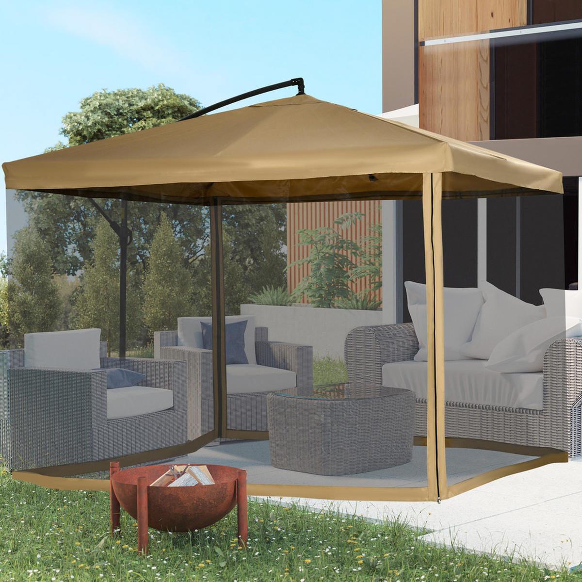 SONNENSCHIRM Quadratisch 295x295cm Neigbar mit Netzseiten und Schirmgewicht - Beige, Textil (295/295cm) - Raelunyi