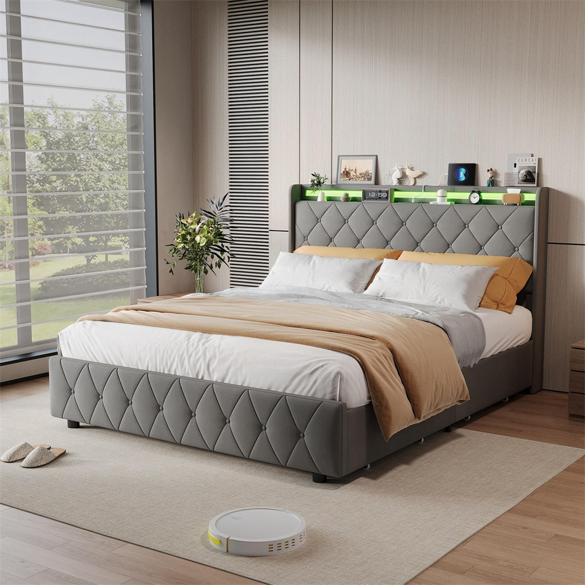POLSTERBETT 160x200 cm mit 4 Schubladen & LED-Beleuchtung - USB-Anschlüsse - ohne Matratze - Grau - Grau, Textil (160/200cm) - DELFA
