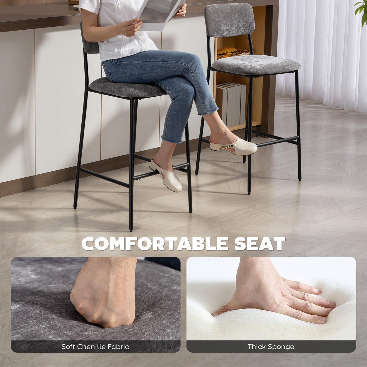 BARHOCKER 2er Set Barstuhl, Tresenhocker mit Fußstütze, Rückenlehne Grau - Schwarz/Grau, Textil/Metall (45.5/101/48cm) - HOMCOM