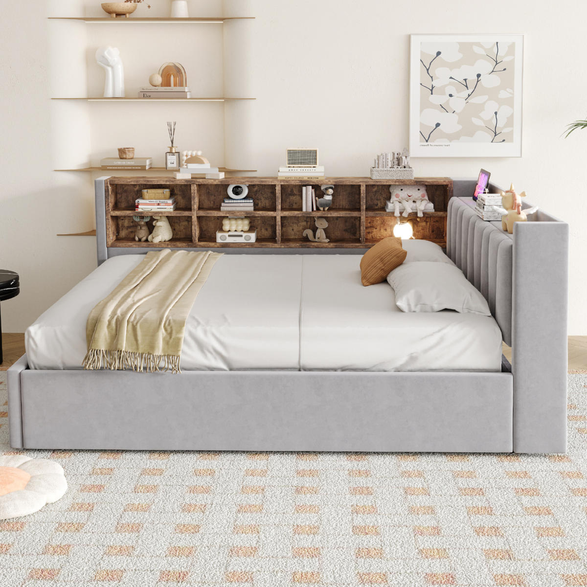 POLSTERBETT 140/200 cm aus Samt mit Stauraum, Nachtlicht und USB, Hellgrau - Hellgrau, Textil (140/200cm) - OKMYHOME