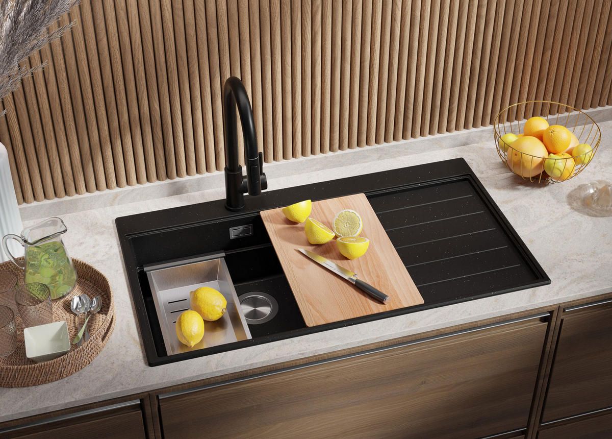 SPÜLBECKEN Sydney, 2-er set Schwarz Metallic 90/50 cm 1 Becken + Ablauf-Set + Küchenzubehörset ab 60er Unterschrank - Chromfarben/Schwarz Hochglanz, Kunststoff (90/20/50cm) - Primagran