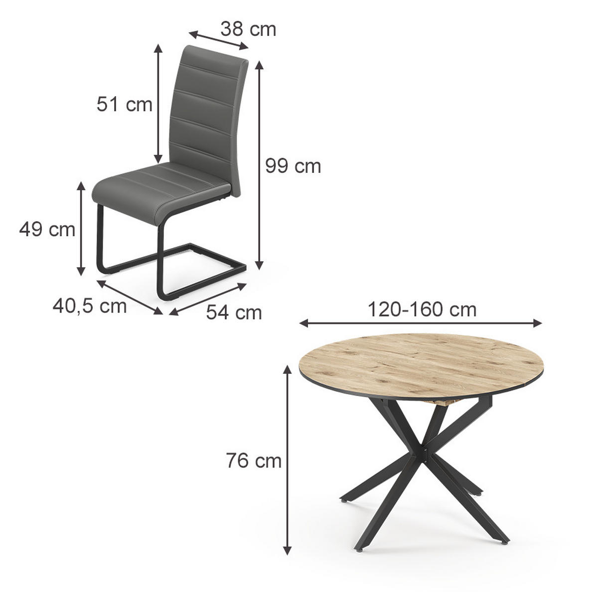 SÚPRAVA JEDÁLENSKÉHO STOLA Loyd, Rustikálny dub/čierna, 120 x 120 cm so 4 jedálenskými stoličkami, šedé - divoký dub/čierna, kompozitné drevo (120/76.5/120cm) - Vicco