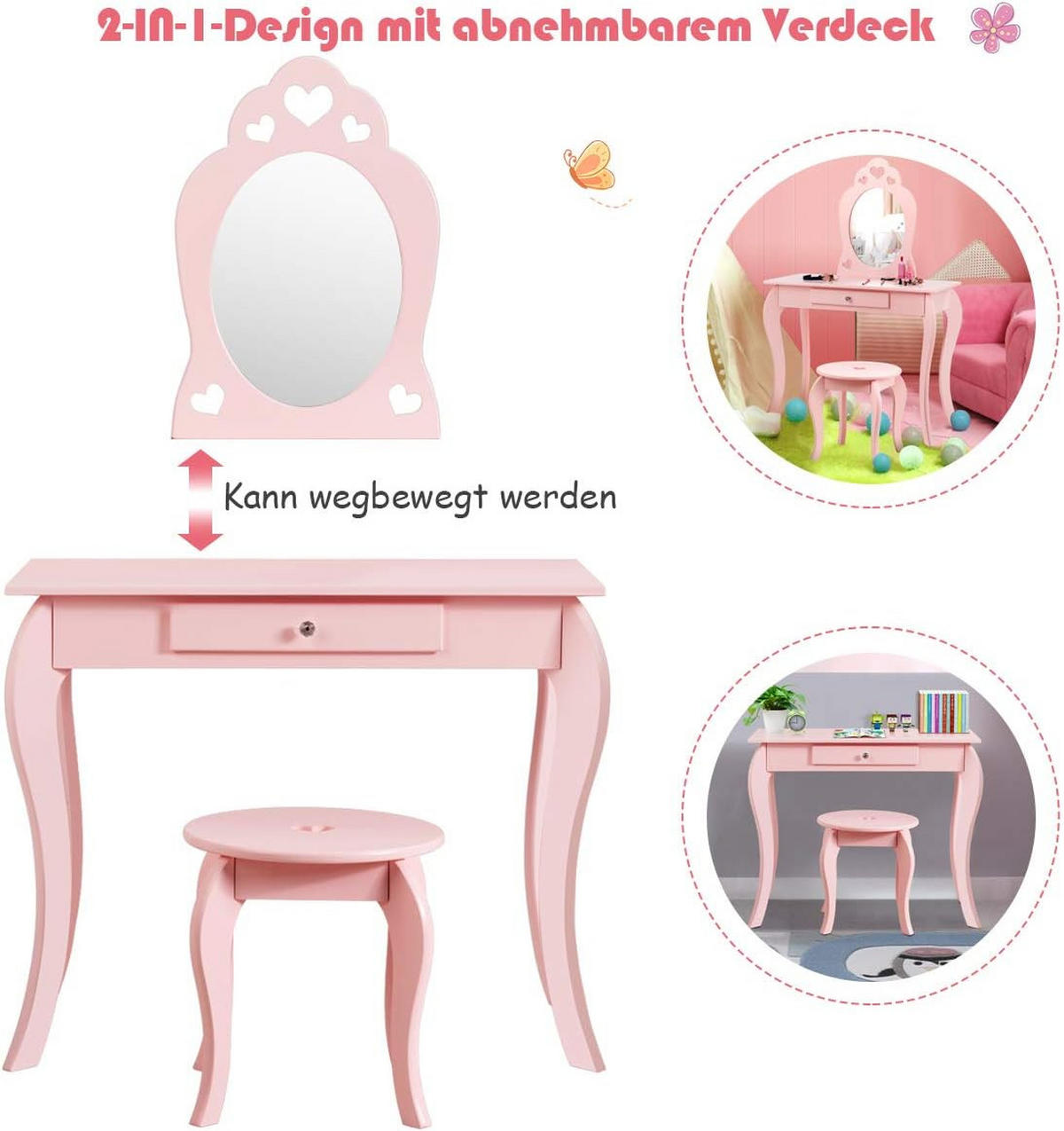 KINDER SCHMINKTISCH mit Hocker Spiegel Pink - Pink, Holz (34/105/70cm) - COSTWAY