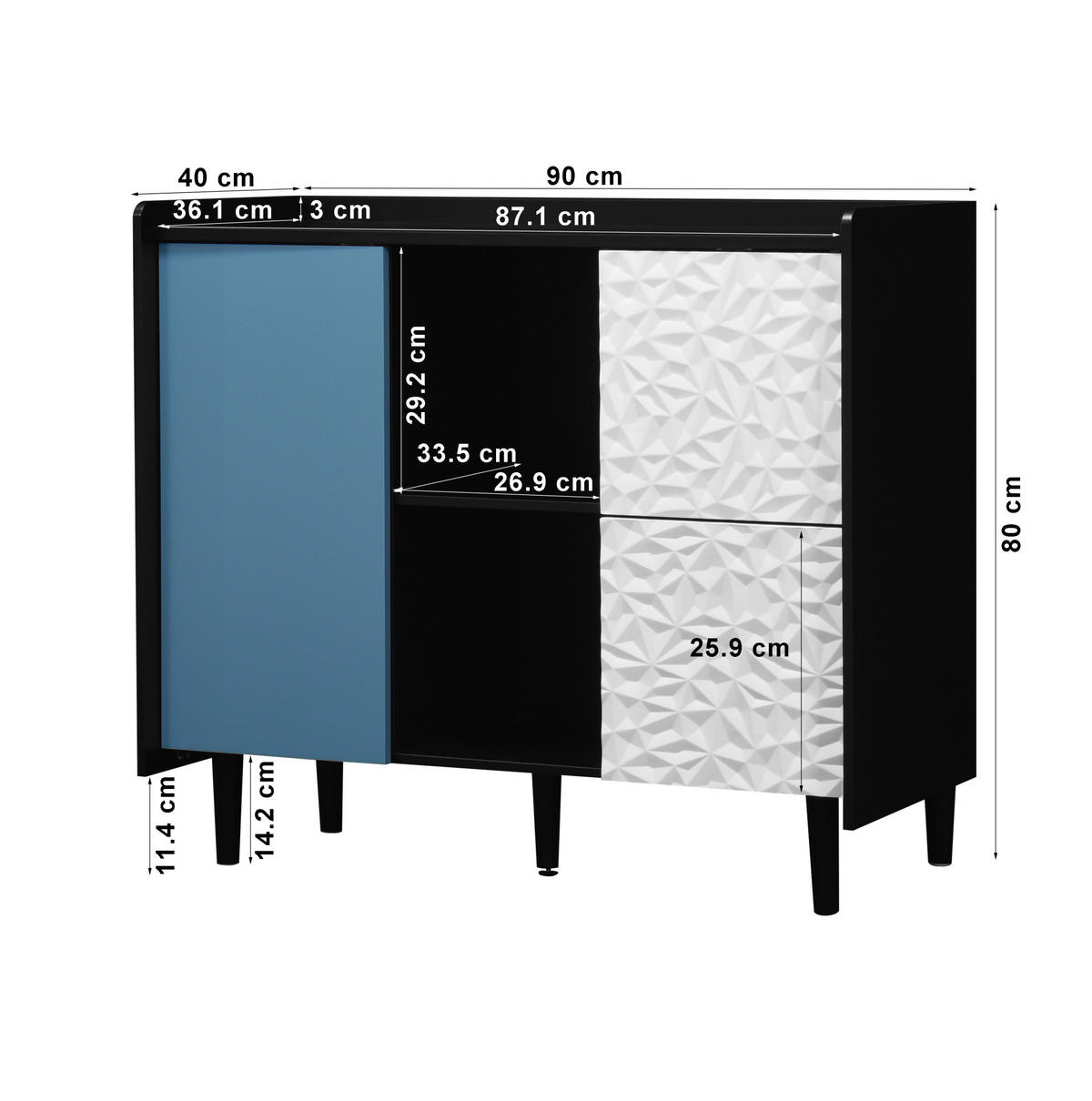 KOMODA 40/90/80 cm, MDF, černá/modrá, se zásuvkami a otevřeným úložným prostorem - černá, kompozitní dřevo (90/80/40cm) - BEAOK