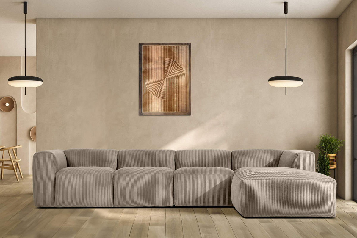 ECKMODULSOFA-LINKS BUFFO 6-Sitzer mit extrem weicher Sitzfläche, Kordstoff, beige - Beige, Textil (377/180cm) - KONSIMO®