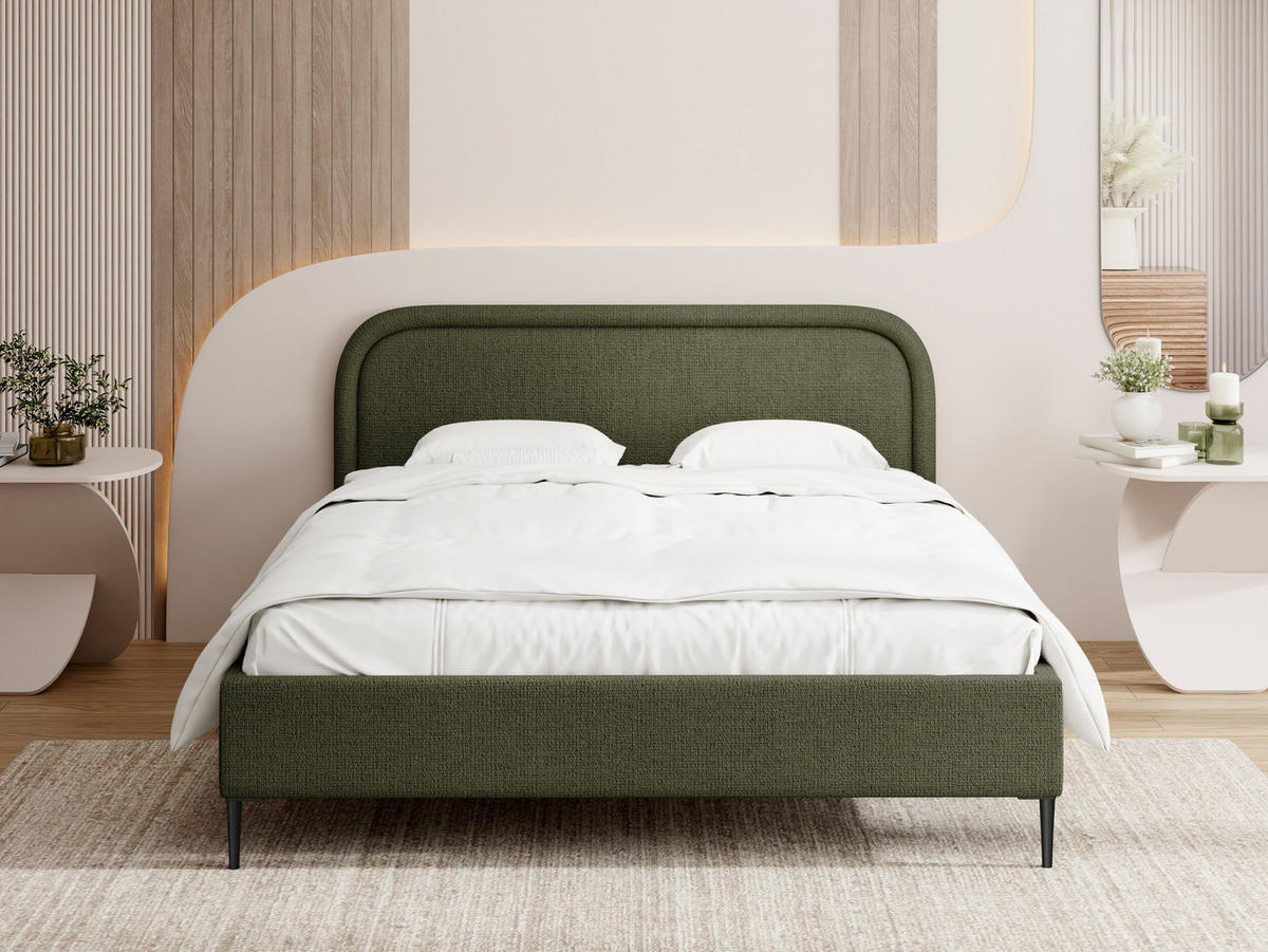 POLSTERBETT Jasmine Slim mit Bettkasten, Lattenrost & hohen Metallfüßen in Grün Chenille 140x200 cm - Birkefarben/Schwarz, Holz/Textil (140/200cm) - WFL GROUP