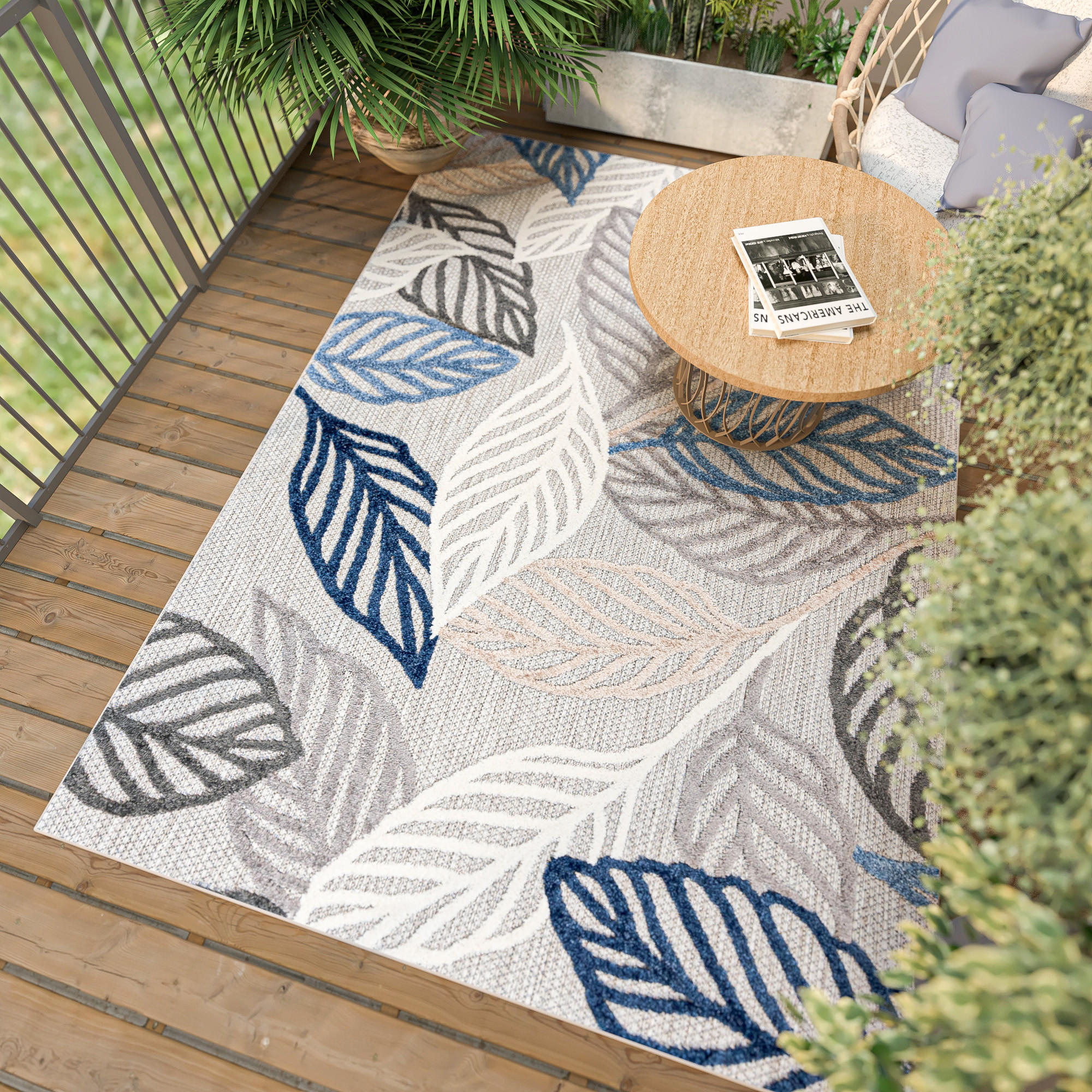 TEPPICH Outdoor Blue Grey Pflanzlich Laub Kurzflor Rechteckig- 120x170 cm - Hellblau, Textil (120/170cm) - Mazovia