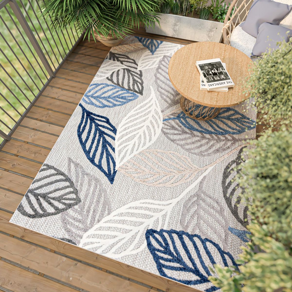TEPPICH Outdoor Blue Grey Pflanzlich Laub Kurzflor Rechteckig- 120x170 cm - Hellblau, Textil (120/170cm) - Mazovia