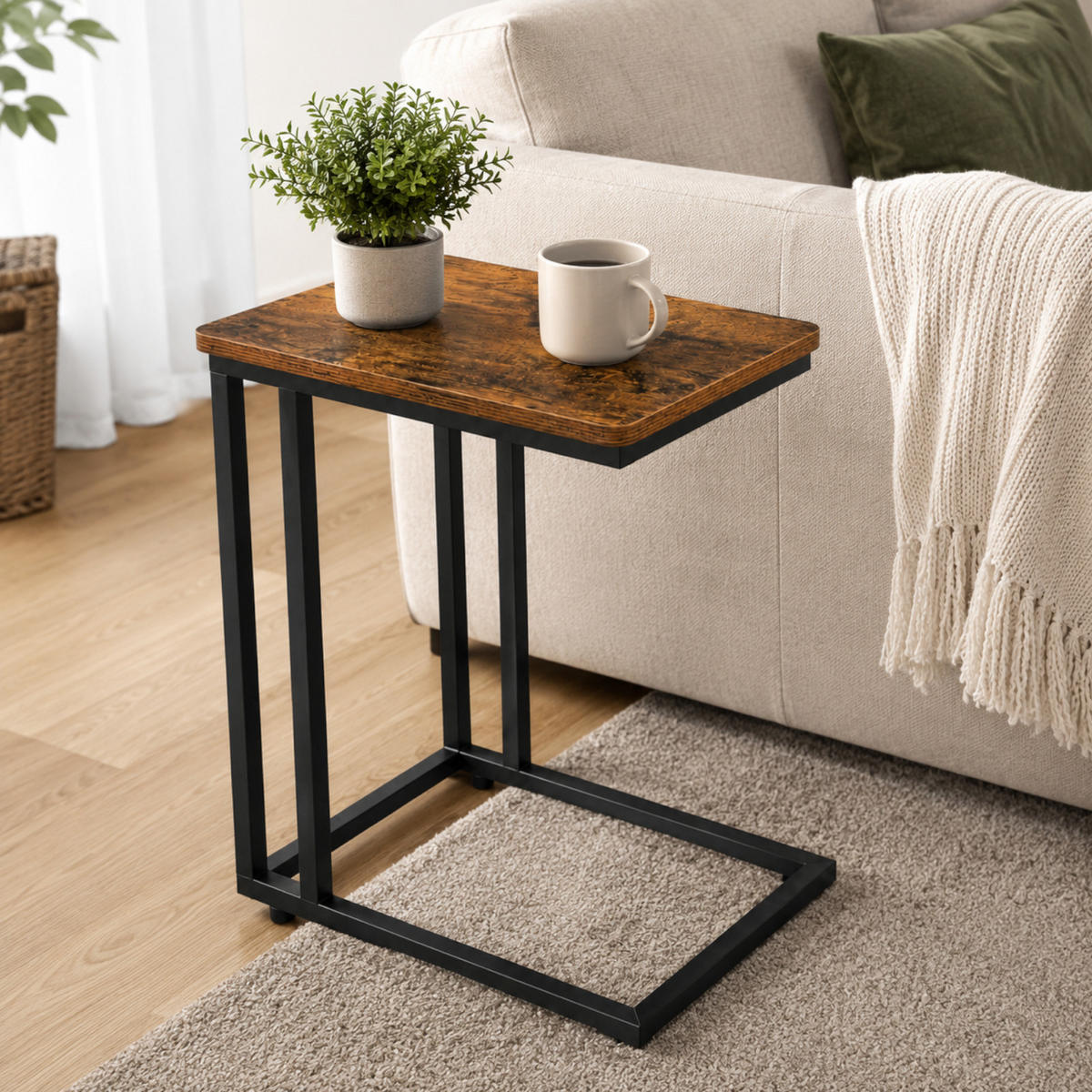 BEISTELLTISCH Metall Holzoptik Schwarz Dunkelbraun mit Rollen oder Standfüßen – 50x35x54 cm - Schwarz/Braun, Holzwerkstoff/Metall (50/35/54cm) - Begryf