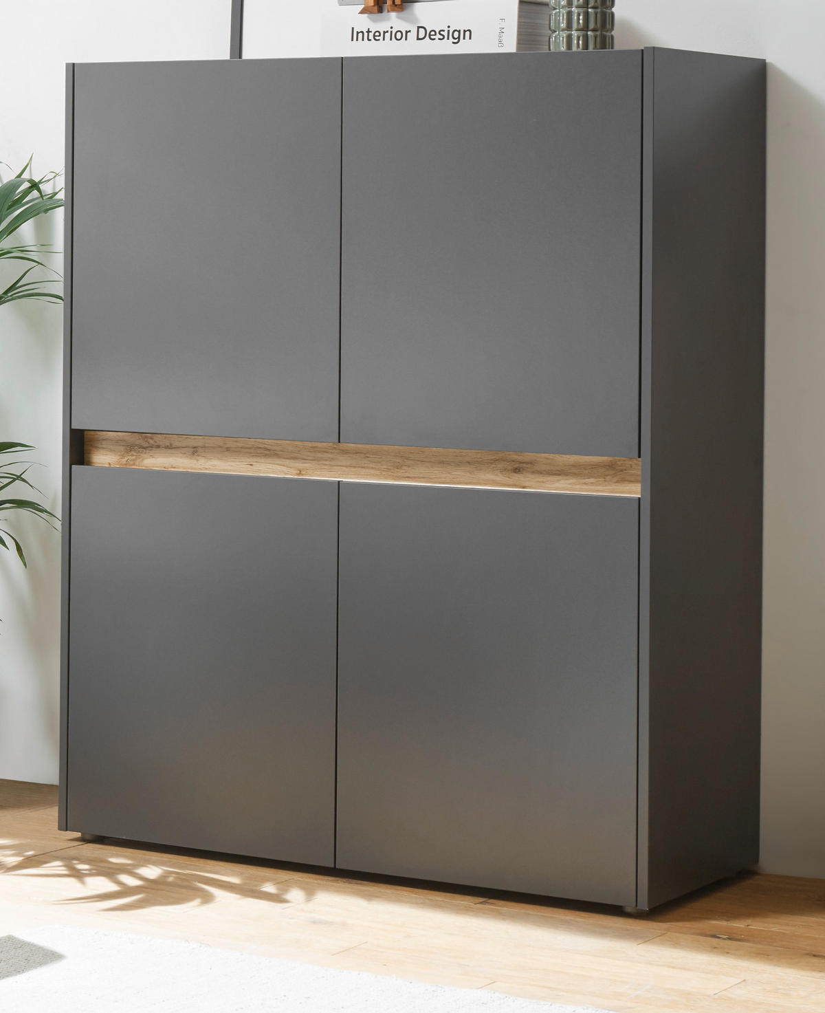 AKTENSCHRANK grau matt, Eiche Wotan 100 x 122 cm, Highboard 4-türig mit viel Stauraum - Eiche Wotan/Schwarz, Holzwerkstoff/Kunststoff (100/122/40cm) - Furn.Design