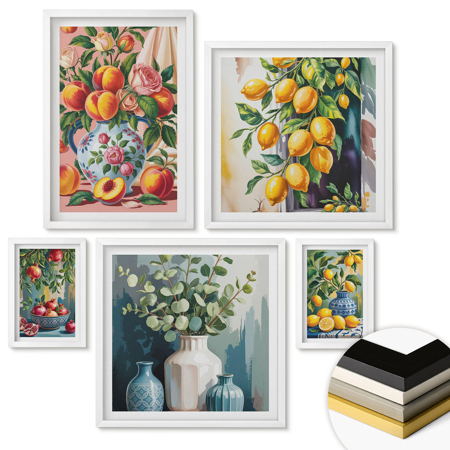 WANDBILDER 5er-Set - 50x50 cm & 20x30 cm & 40x60 cm Weißer Rahmen - Amalfi-Zitronen und -Orangen - Weiß, Kunststoff (40/60cm) - ArtPrintCave