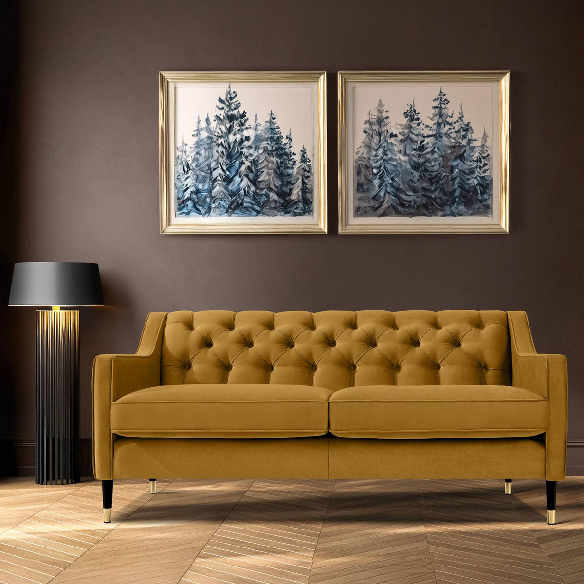 2-SITZER-SOFA NOMUS gesteppt, Gelb - Wengefarben/Gelb, Holzwerkstoff (170/78/80cm) - KONSIMO®